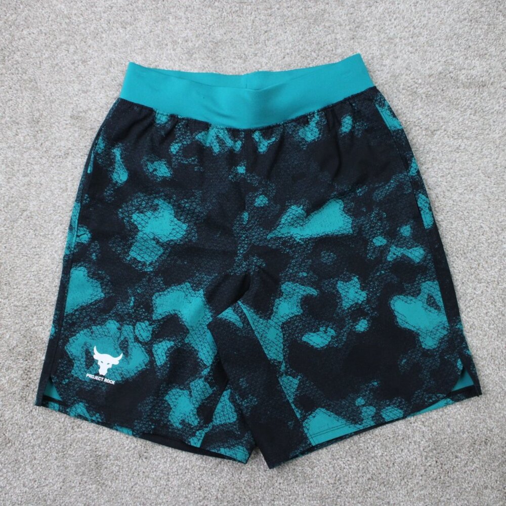 Project Rock Shorts Mens Small Blue Camo Printed Woven Under Armour UA 9" inseam